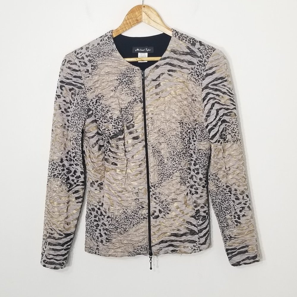 Michael Tyler Mixed  Animal Print Jacket Blazer Zipper Front Gold Shine Size XS